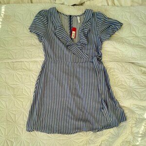 Blue & White Striped Ruffle Wrap Dress Women's Size L - Nautical Summer Mini NWT